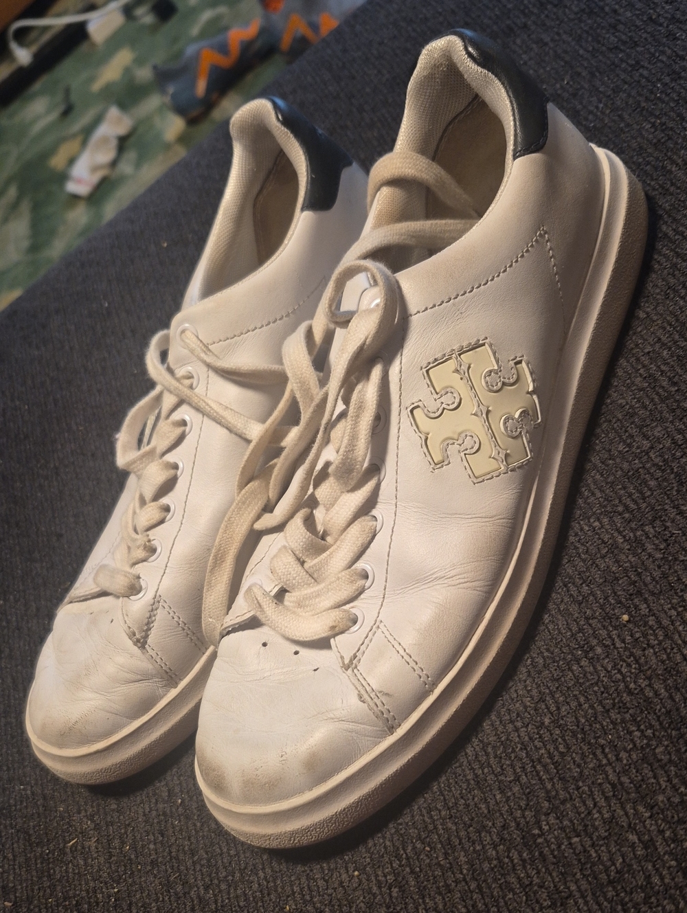 Tory Burch Cream Leather Logo Lace-Up Sneakers with Black Heel Tab